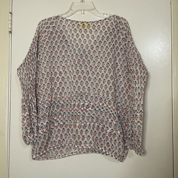 Roller Rabbit Red floral cotton knit lightweight tassle tie blouse top L - Picture 6 of 6